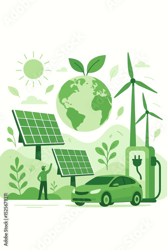 Renewable energy transition concept. Green energy for a sustainable future with solar panels, wind turbines, and an electric car. Eco friendly vector of EV charging station.