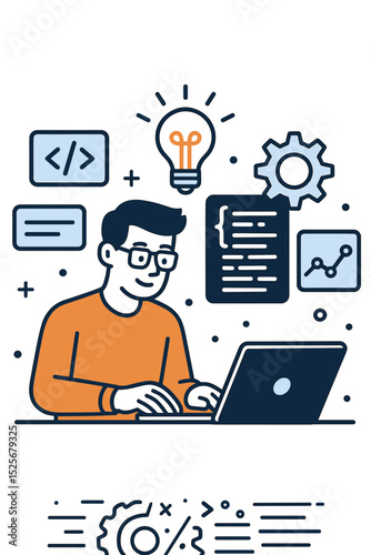 Web developer working on laptop. Man programmer coding. Flat vector illustration of innovative software engineering. Concept for IT solutions, app development, tech idea and data science.