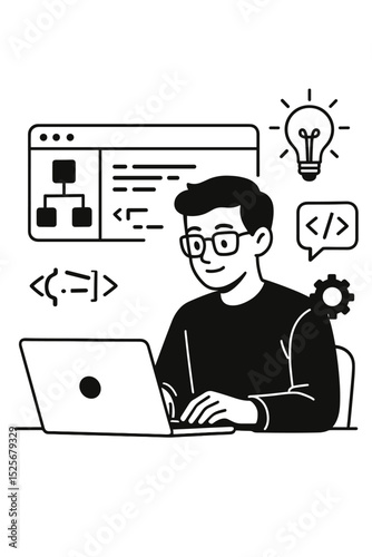 Programmer at work, developer coding on laptop. Software engineering concept with man writing code. IT specialist developing innovative solutions. Web technology and programming idea.