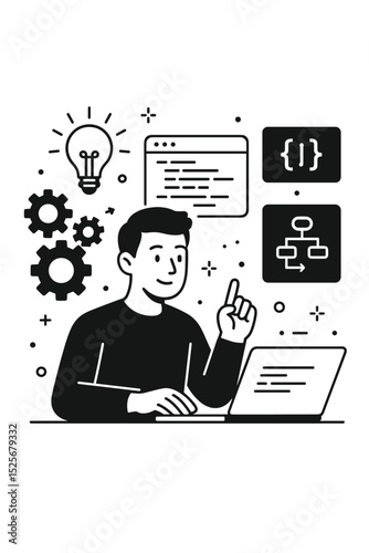 Man programmer at desk with laptop has a creative idea. Concept of coding, software development, problem solving, web app creation, algorithm, and workflow. Vector line art icon.