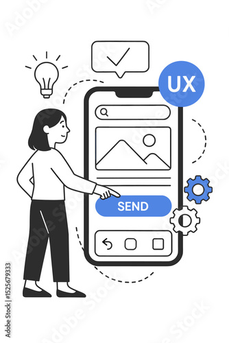 UX UI design concept. Woman using smartphone app interface for intuitive digital interaction. User experience, usability testing, mobile development. Web design, send button vector.