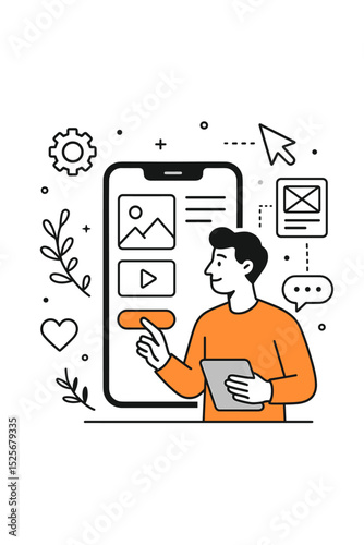 Man designs a mobile application, working on the user interface. UI UX designer concept. Vector illustration of intuitive digital interaction, web development, software creation.