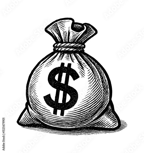 Money bag illustration with dollar sign, engraved black and white, vintage style.
