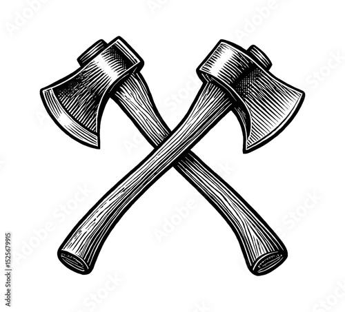 Two Axes Crossed, Engraved Style Illustration in Black and White, Lumberjack Tool