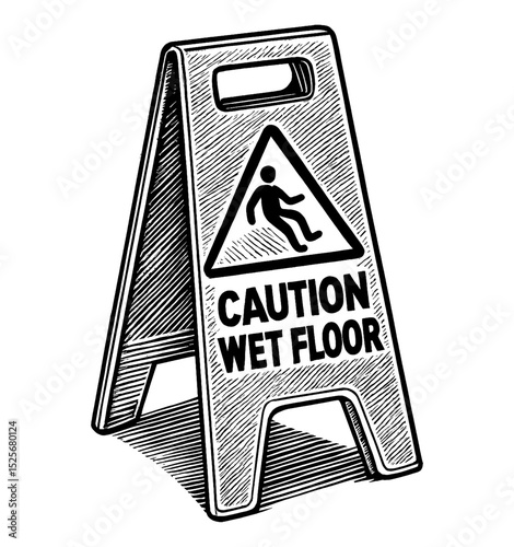 Caution Wet Floor Sign Illustration in Detailed Black and White Engrave Style