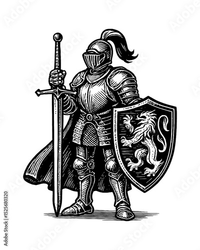 Illustration of a Knight in Full Armor Holding a Sword and Shield in Detailed Engraving