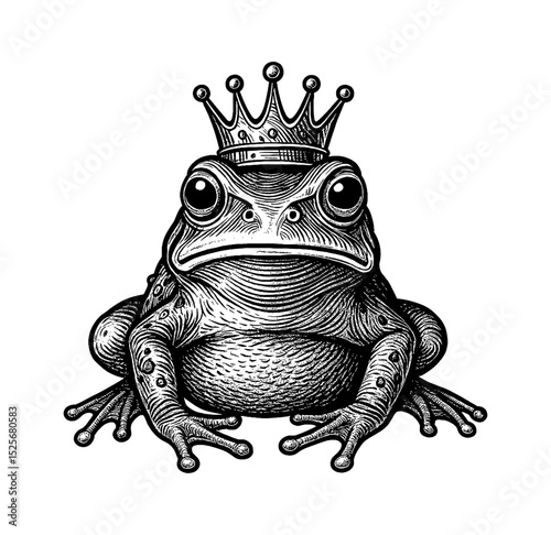 Engraved Frog with Crown Illustration in Detailed Black and White Line Art Drawing
