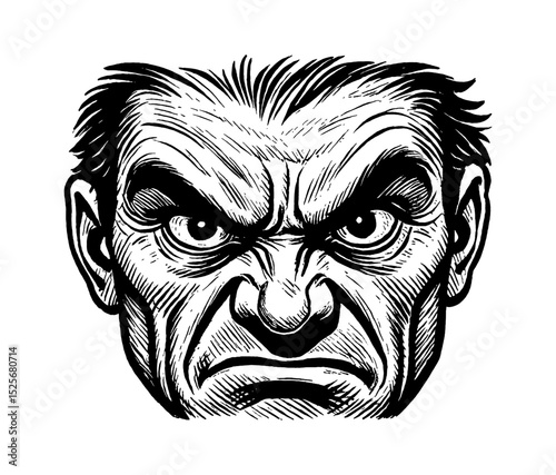 Angry Man Face Front View Detailed Black and White Line Art Drawing Engraving
