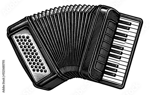 Detailed Engraving Style Illustration of an Accordion in Black and White