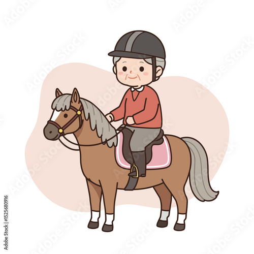 Elderly woman horseback riding with a smile on a cheerful pony  