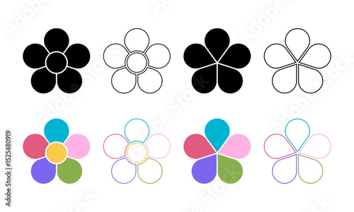 Set of flower silhouettes with 5 petals and core. Floral pie chart divided on five equal parts in leaf shapes isolated on white background. Vector graphic illustration.
