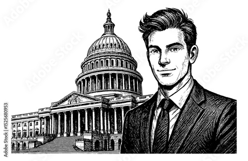 Portrait of a Young Businessman in Suit and United States Capitol in Detailed Drawing
