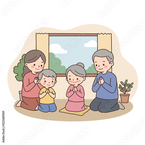 Family praying with elderly in cozy living room by the window  
