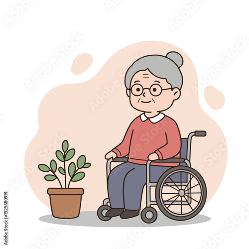 Elderly woman in recovery sitting in wheelchair next to a plant  