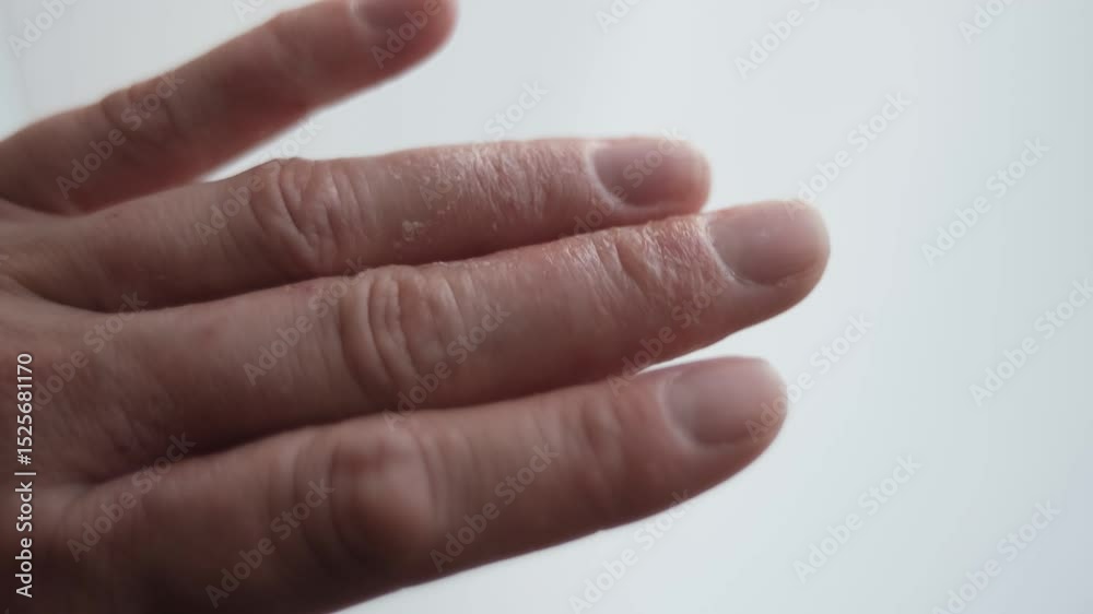 Detailed view of back of hand presents dry scaly patches, eczema dryness emphasized, eczema study clip for medical use Detailed view of back of hand presents dry scaly patches, eczema dryness emphasized, eczema study clip for medical use