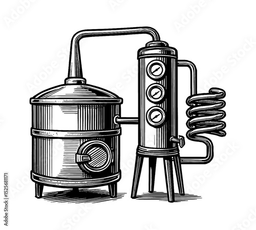 Detailed Engraved Illustration of a Distillery Still Equipment in Black and White
