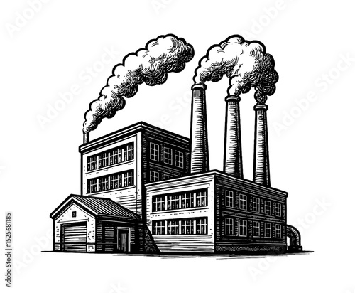 Engraved illustration of industrial factory building with smoke stacks releasing smoke