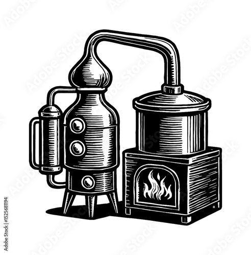 Illustration of an old distillery apparatus in black and white detailed vintage line art drawing