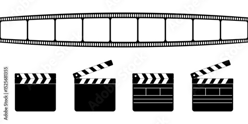 Clapper boards and film strip isolated on white background. Closed and open movie clapboard silhouettes. Cinema or television program production objects. Vector graphic illustration.