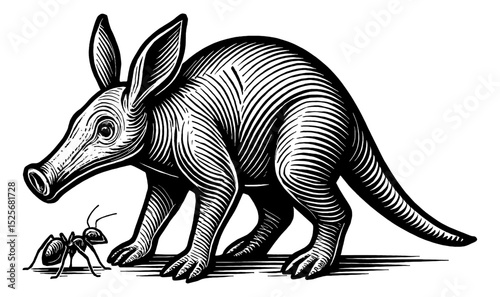 Aardvark and Ant Black and White Woodcut Illustration of Mammal Foraging for Insects