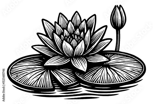 Detailed Black and White Woodcut Illustration of Water Lily with Bud and Lily Pads
