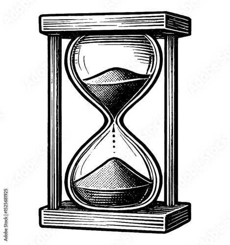 Black and White Hourglass Illustration Showing Passage of Time, Sand Timer with Wooden Frame