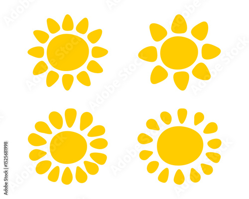 Cute childish sun silhouettes. Set of sunburst, sunrise or sunset signs. Summer theme symbols. Happy positive vibes concept. Vector flat illustration.