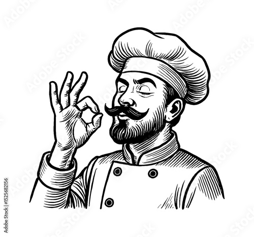 Chef Tasting Delicious Food with Okay Gesture in Detailed Black and White Engrave Drawing