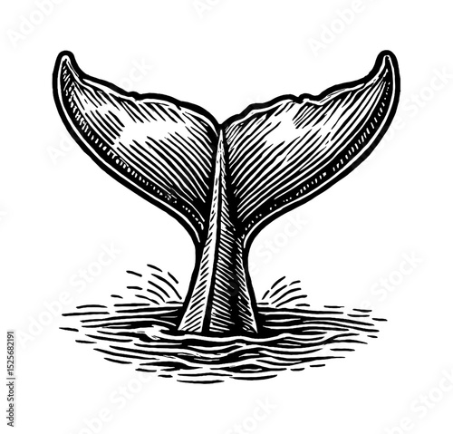 Detailed Engraved Illustration of a Whale Tail in the Ocean Water in Black and White