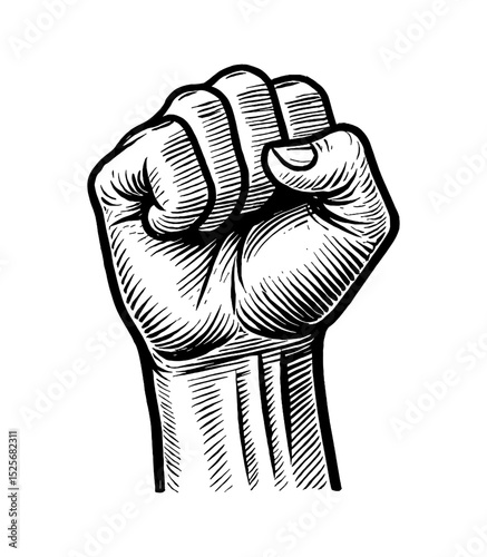 Raised clenched fist in black and white engraved line art style, symbol of strength and solidarity.