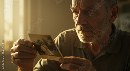 An Elderly Man Reminiscing: A poignant image of an older man thoughtfully examining an old photograph, evoking feelings of nostalgia and cherished memories.