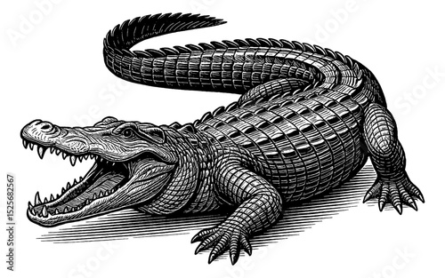 Detailed Line Art Drawing of an Alligator with Open Mouth and Sharp Teeth on White Background