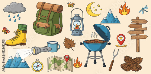Seamless summer camp pattern, travel and overnight in the forest. Outdoor Mountain Camping Adventure Elements. Lovely print for kids, travel tours, wallpaper, fabric, travel items on beige background