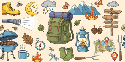 Seamless summer camp pattern, travel and overnight in the forest. Outdoor Mountain Camping Adventure Elements. Lovely print for kids, travel tours, wallpaper, fabric, travel items on beige background