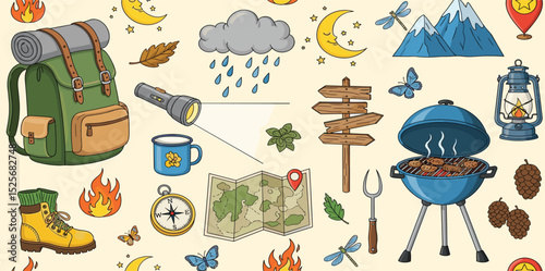 Seamless summer camp pattern, travel and overnight in the forest. Outdoor Mountain Camping Adventure Elements. Lovely print for kids, travel tours, wallpaper, fabric, travel items on beige background