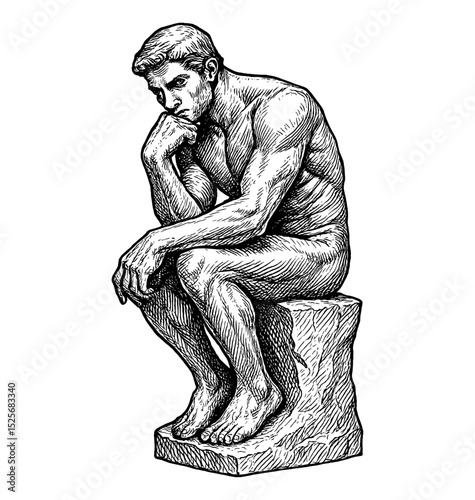 Engraved Illustration of Pensive Man Sitting on Stone Block Resting Chin on Hand