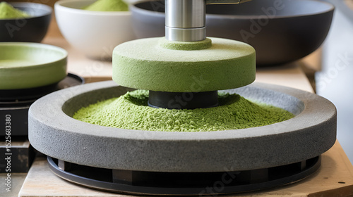 Closeup of a Matcha Tea Mill Stone or Matcha green tea grinding stone machine operational in a factory or tea shop.