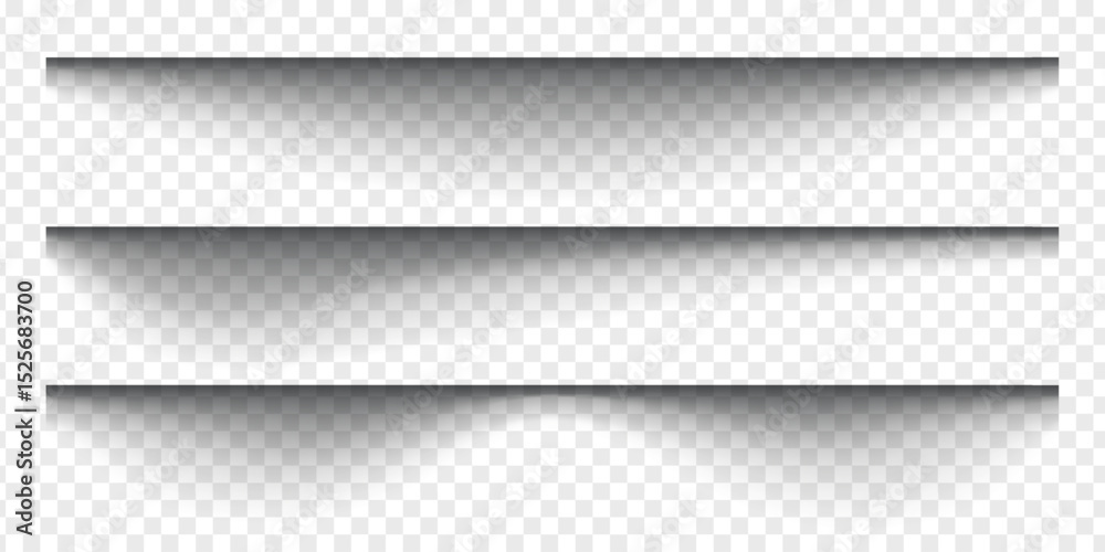 Fototapeta premium Set of paper shadows. Horizontal divider lines isolated on transparent background. Notebook worksheet, book page, card, flyer, banner, poster borders with soft blurred effect. Vector illustration.