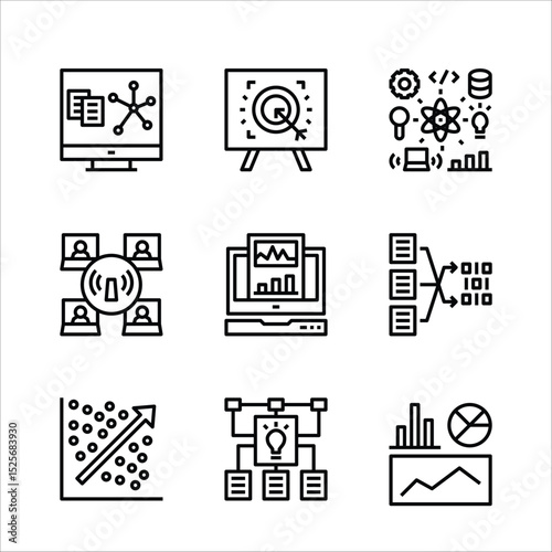 Data analysis visualized nine black and white line drawings of various data representations.