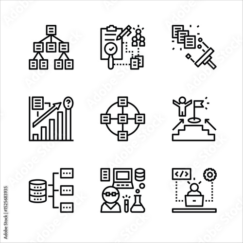 Data analysis visualized nine black and white line drawings of various data representations.