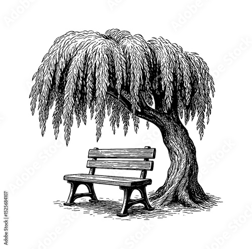 Willow Tree with Bench in Black and White Engraving Style, Nature Scene with Outdoor Seating