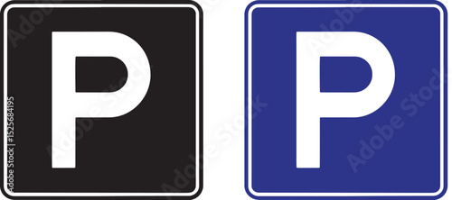 Parking Sign Icon – Black and Blue Square P Symbols for Parking Area and Road Signage