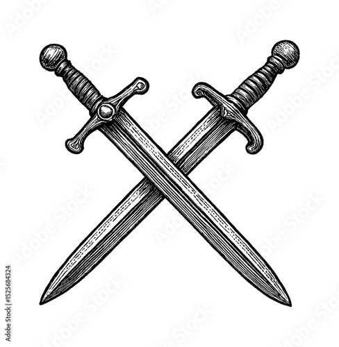 Crossed Swords with Detailed Engraving Style in Black and White Illustration