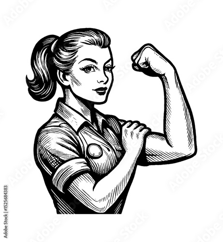 Caucasian woman flexing her biceps in pop art engraving style with determined expression