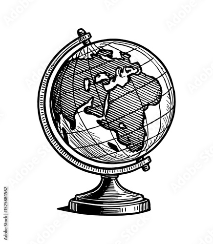 Globe world map engraving vector illustration of continents geography education