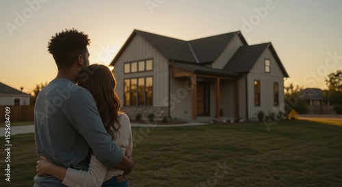 Happy couple stands outside new home at sunset. Embrace lovingly. Beautiful house in residential area. Joyful moment of homeownership. Couple looking at new estate
