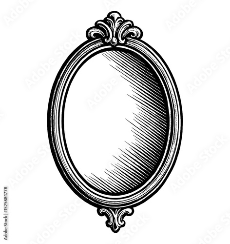 Elegant Oval Mirror with Ornate Frame in Detailed Engraved Black and White Style Illustration