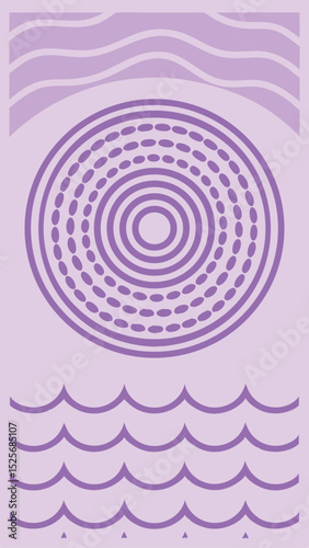 Abstract lilac composition with concentric circles waves and decorative elements