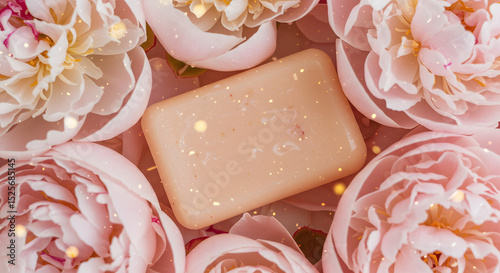 Bar soap embedded in a bed of pastel peonies with golden light v4 photo