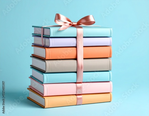 Stack of pastel books wrapped with a ribbon. A perfect gift for avid readers.